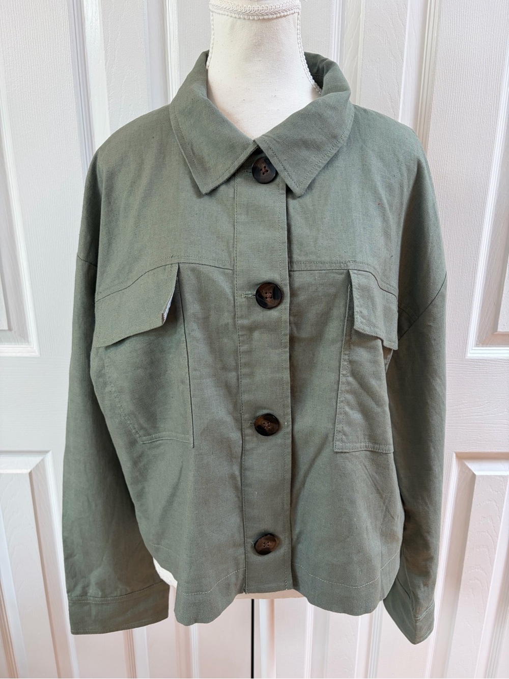 Loft Sage Green Linen/Cotton Blend Cropped Jacket Size XL